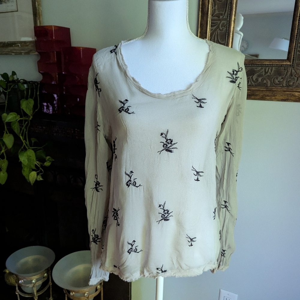 Ohm Designer Women's Large Sheer Silk Long Sleeve Blouse Floral Embroidery 126